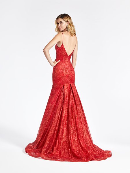 Val Stefani 3955RB glitter print net empire waist mermaid gown with deep V-back and horsehair trimmed kick train Val Stefani 3955RB glitter print net empire waist mermaid gown with deep V-back and horsehair trimmed kick train