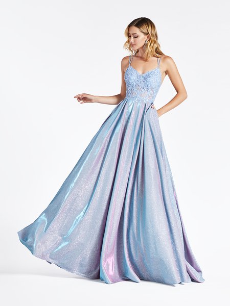 Val Stefani 3956RC blue metallic Mikado A-line gown with unlined sweetheart bodice covered in re-embroidered lace appliques Val Stefani 3956RC blue metallic Mikado A-line gown with unlined sweetheart bodice covered in re-embroidered lace appliques