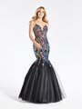 Val Stefani 3957RE figure hugging multi-color embroidered sequin deep sweetheart bodice over black tulle mermaid gown Val Stefani 3957RE figure hugging multi-color embroidered sequin deep sweetheart bodice over black tulle mermaid gown