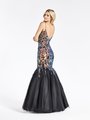 Val Stefani 3957RE deep V-back with straps multi-toned embroidered sequin over black tulle floor length mermaid prom dress Val Stefani 3957RE deep V-back with straps multi-toned embroidered sequin over black tulle floor length mermaid prom dress