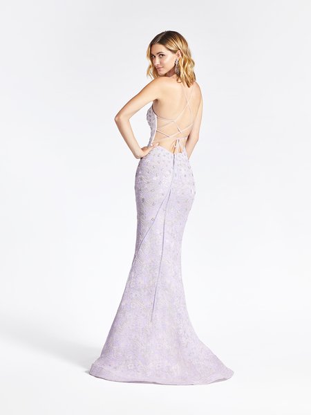 Val Stefani 3961RD sexy crisscross tie back mermaid prom dress with horsehair trim hem and kick train Val Stefani 3961RD sexy crisscross tie back mermaid prom dress with horsehair trim hem and kick train