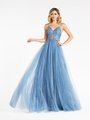 Val Stefani 3962RB re-embroidered lace appliques over unlined sweetheart bodice with sparkle net A-line gown in steel blue