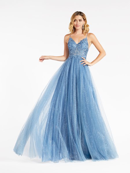 Val Stefani 3962RB re-embroidered lace appliques over unlined sweetheart bodice with sparkle net A-line gown in steel blue Val Stefani 3962RB re-embroidered lace appliques over unlined sweetheart bodice with sparkle net A-line gown in steel blue