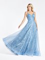 Val Stefani 3963RD sky blue plunging sweetheart neck with illusion inset in tulle and glitter print net A-line prom dress