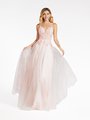 Val Stefani 3963RD re-embroidered lace appliques over unlined sweetheart tulle and glitter print net A-line gown in ice pink