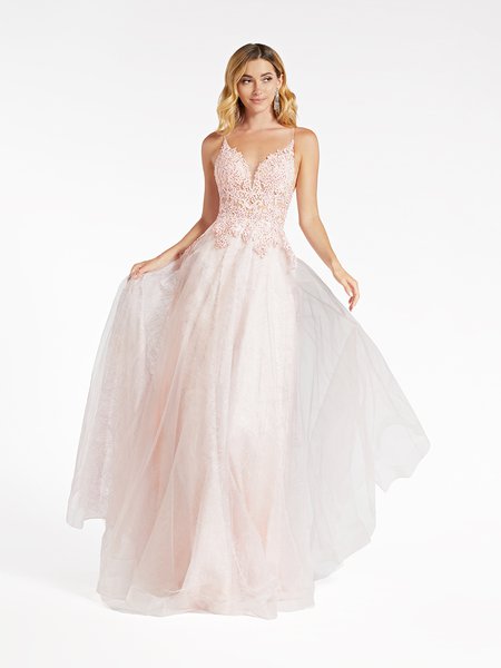 Val Stefani 3963RD re-embroidered lace appliques over unlined sweetheart tulle and glitter print net A-line gown in ice pink Val Stefani 3963RD re-embroidered lace appliques over unlined sweetheart tulle and glitter print net A-line gown in ice pink
