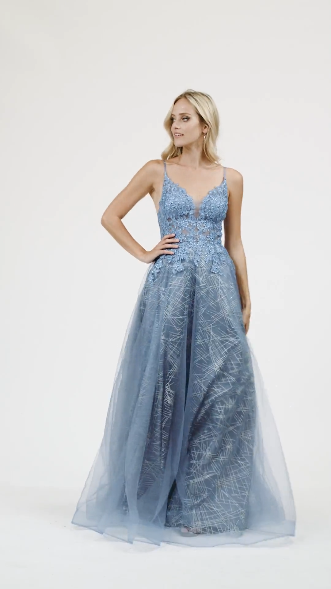 Val Stefani 3963RD floor length tulle over glitter print net A-line with unlined bodice and V-back and horsehair trim hem