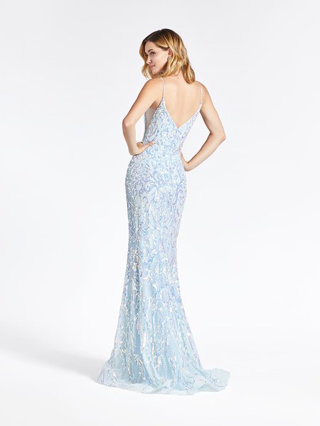 Val Stefani 3964RB V-back with straps and illusion inset at side bodice trumpet gown with horsehair trimmed kick train Val Stefani 3964RB V-back with straps and illusion inset at side bodice trumpet gown with horsehair trimmed kick train