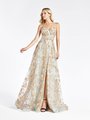 Val Stefani 3965RB eye-catching gold and silver glitter sequin print tulle A-line with sweetheart neck and high front slit