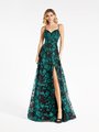 Val Stefani 3965RB sweetheart with straps flowy A-line with front slit gown in emerald and black glitter sequin print tulle