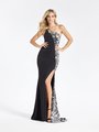 Val Stefani 3966RD reflective mirror embellishment sparkle jersey one shoulder sheath prom dress with front slit in black Val Stefani 3966RD reflective mirror embellishment sparkle jersey one shoulder sheath prom dress with front slit in black