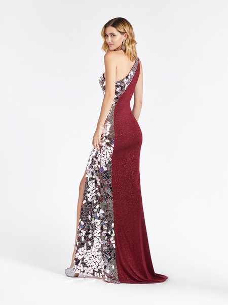 Val Stefani 3966RD trendy one shoulder sheath gown with beautiful cut glass embellishment and kick train Val Stefani 3966RD trendy one shoulder sheath gown with beautiful cut glass embellishment and kick train