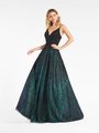 Val Stefani 3967RW black re-embroidered lace appliques and green glitter print net A-line with deep sweetheart neckline