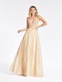 Val Stefani 3967RW all gold plunging sweetheart with illusion inset and thin straps A-line gown in glitter print net