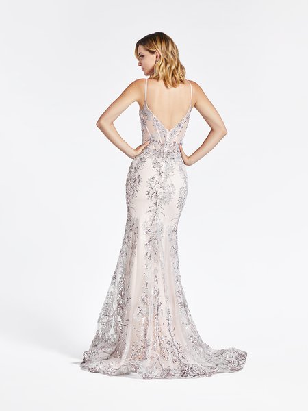 Val Stefani 3969RB deep V-back with thin straps mermaid gown with horsehair trimmed kick train in embroidered sequin net Val Stefani 3969RB deep V-back with thin straps mermaid gown with horsehair trimmed kick train in embroidered sequin net