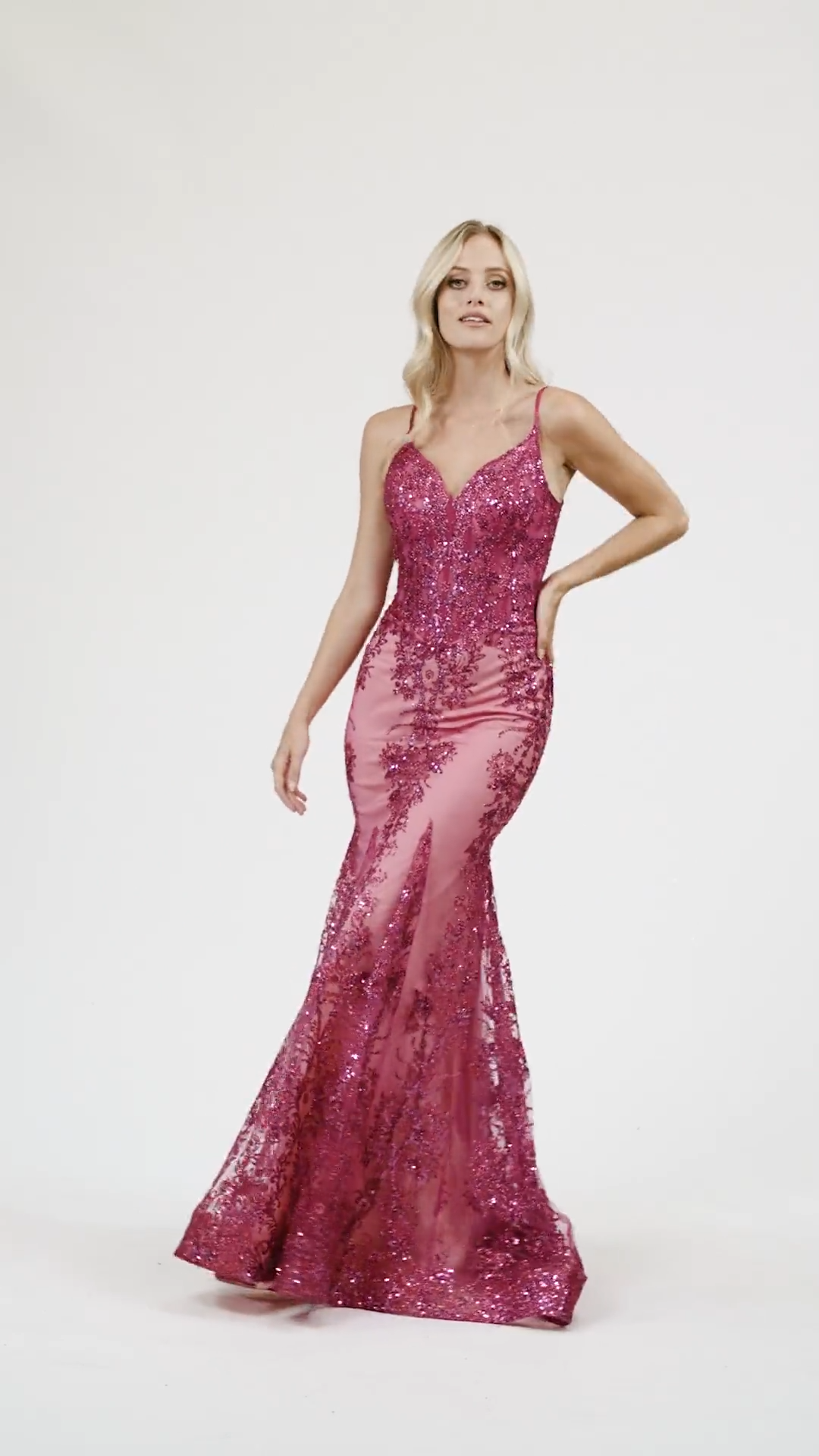 Val Stefani 3969RB striking unlined sweetheart and deep V-back embroidered sequin net with glitter print mermaid prom dress