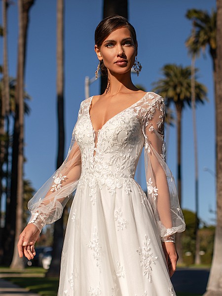 Bohemian Wedding Gown with Illusion Bishop Sleeves and Lace Fitted Bodice Simply Val Stefani Alora S2161