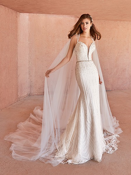 ValStefani CELESTA Swarovski crystals beaded lace fabric mermaid bridal gown with detachable cape ValStefani CELESTA Swarovski crystals beaded lace fabric mermaid bridal gown with detachable cape
