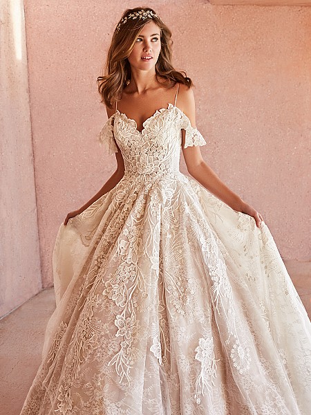 Val Stefani HARPER re-embroidered lace ball gown with sweetheart neckline and swag sleeves