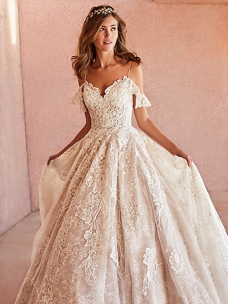 Val Stefani HARPER re-embroidered lace ball gown with sweetheart neckline and swag sleeves Val Stefani HARPER re-embroidered lace ball gown with sweetheart neckline and swag sleeves