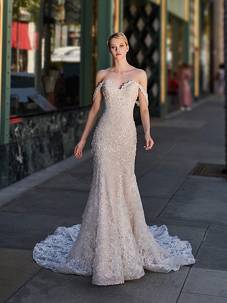 Val Stefani VIRGO autumn shimmer tulle mermaid dress with sweetheart neckline and swag sleeves Val Stefani VIRGO autumn shimmer tulle mermaid dress with sweetheart neckline and swag sleeves