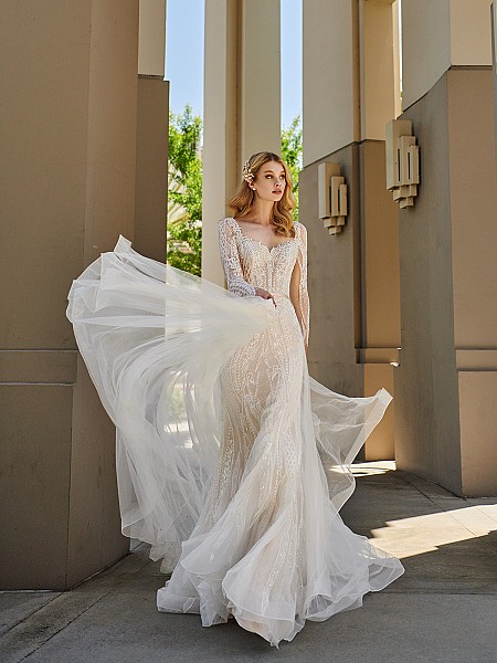 Val Stefani HYDRA lace mermaid wedding dress with long sleeves and overskirt train 