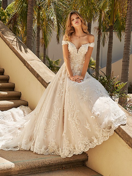 Val Stefani AQUARIUS sequin ball gown with off the shoulder sleeves and sweetheart neckline 