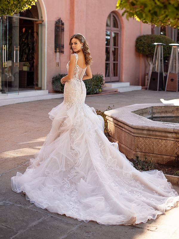 Open Illusion Back Fitted Bridal Gown With Cascade Tulle Skirt and Chapel Train Val Stefani Nura D8246