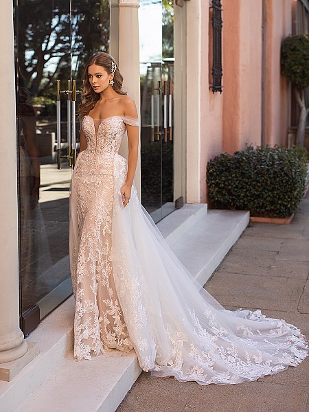 Couture Tulle and Organic Lace Off-the-Shoulder Mermaid Wedding Dress with Detachable Train Val Stefani Zia D8250 