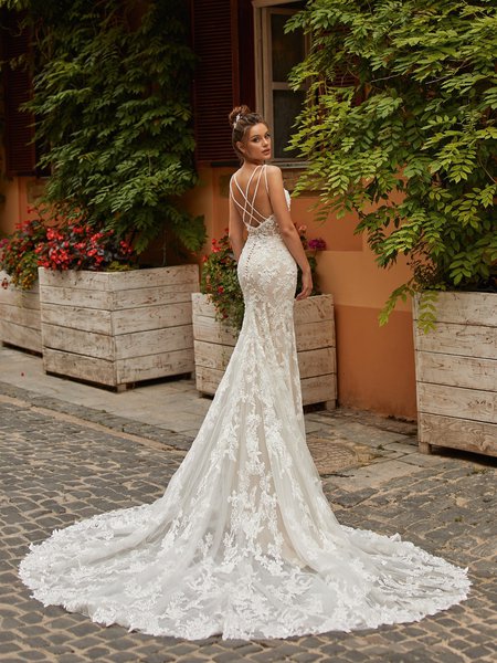 Val Stefani LONDON Sexy Mermaid Bridal Gown with Open Crisscross Back and See-Through Floral Lace Detailed Semi-Cathedral Train