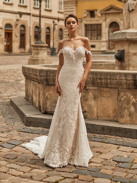 Val Stefani PARIS Form-Fitting Sparkle Tulle Mermaid Bridal Gown with Ornate Floral-Inspired Re-Embroidered Lace Appliques