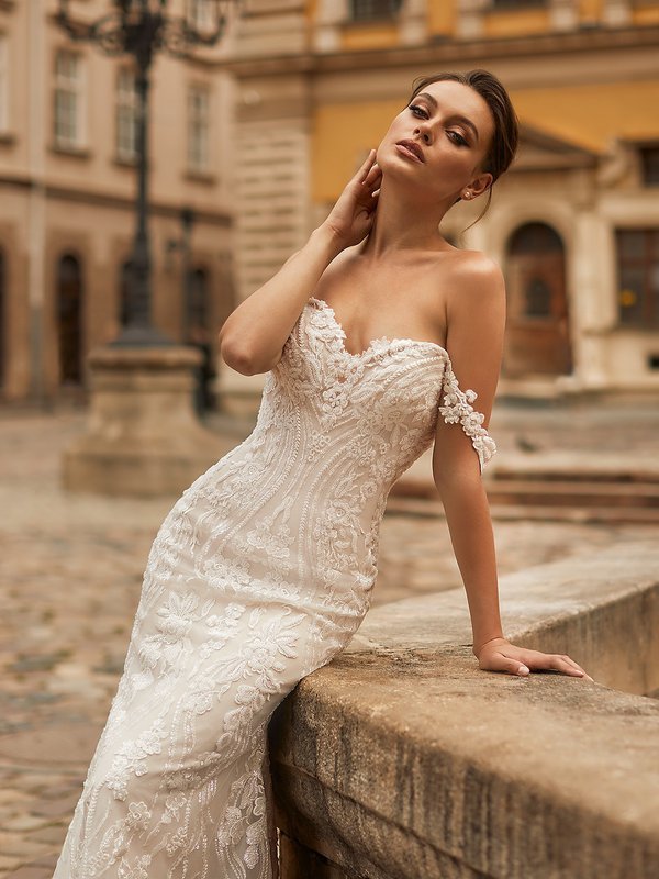 Val Stefani PARIS Ornate Mermaid Wedding Gown with Beaded Sweetheart Neckline and Floral Lace Applique Detailed Swag Sleeves