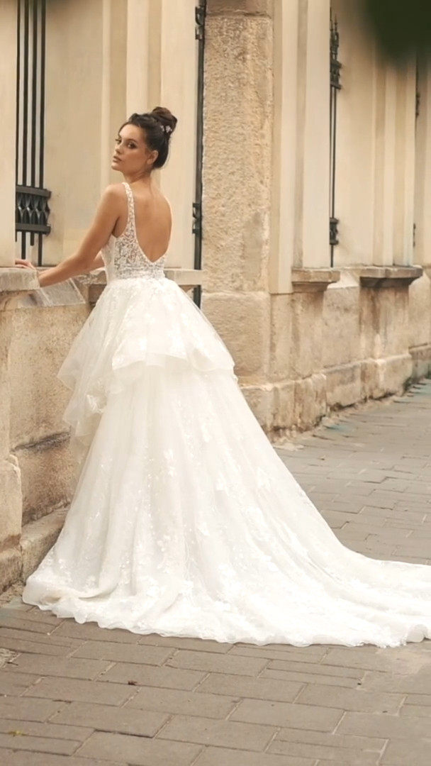 Val Stefani ROMA Princess Full A-Line Gown with Beaded Bodice and Cascading Skirt with Re-Embroidered Floral Lace Appliques Val Stefani ROMA Princess Full A-Line Gown with Beaded Bodice and Cascading Skirt with Re-Embroidered Floral Lace Appliques