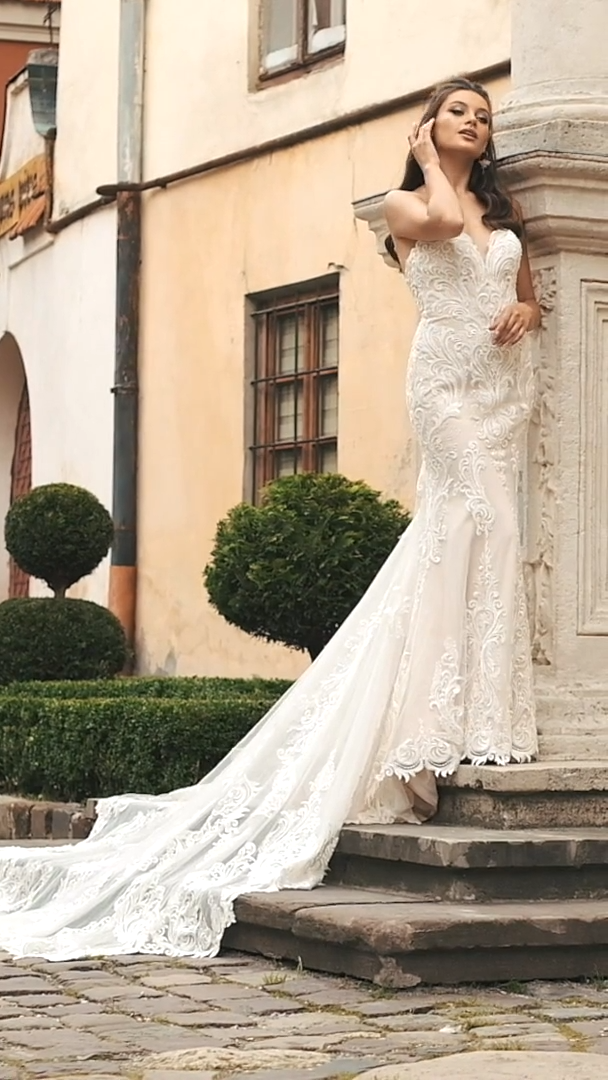 Val Stefani VIENNA Ornate Sparkle Tulle Strapless Sweetheart Mermaid Gown with Filigree Re-Embroidered Lace Appliques 