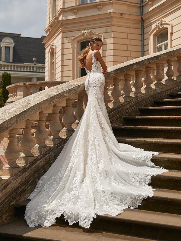 Val Stefani LISBON Regal Mermaid Bridal Gown with Scalloped See-Through Sparkle Tulle Semi-Cathedral Train with Hem Lace