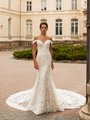 Val Stefani MONACO Lavish Off-The-Shoulder Sweetheart Bouquet Shimmer Tulle Mermaid Gown with 3D Flower Swag Sleeves