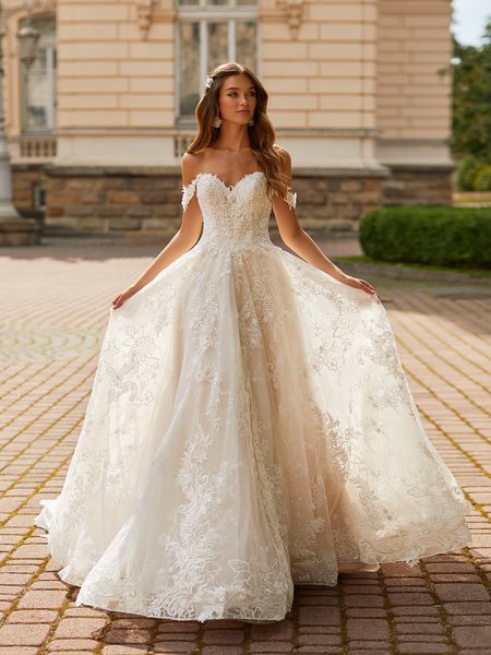 Val Stefani MADRID Fairytale Full A-Line Embroidered Lace Fabric Gown with Lace Detailed Swag Sleeves and Horsehair Trim