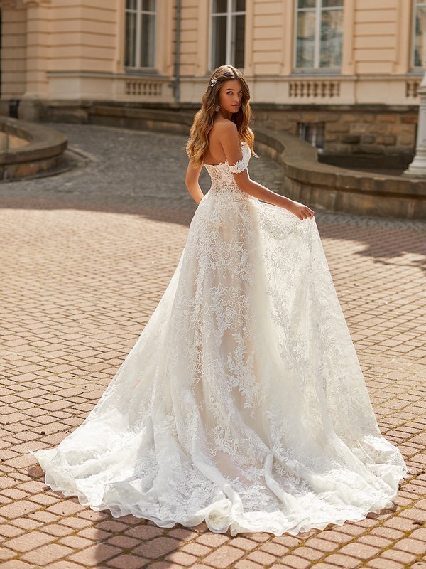 Val Stefani MADRID Enchanting Open Illusion Back Gown with Bouquet Lace Applique Detailed Chapel Train with Horsehair Trim Val Stefani MADRID Enchanting Open Illusion Back Gown with Bouquet Lace Applique Detailed Chapel Train with Horsehair Trim