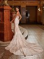 Val Stefani Bridal D8273 Sparkly Illusion Open Back Fitted Bridal Gown With Buttons Along Zipper And Long Scalloped Lace Train
