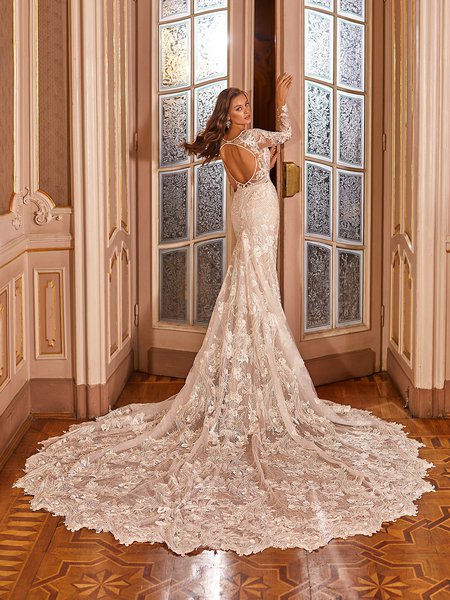 Val Stefani Bridal D8276 Fitted Illusion Keyhole Back Wedding Gown with Long Glittery Mixed Floral Lace Train And Sleeves