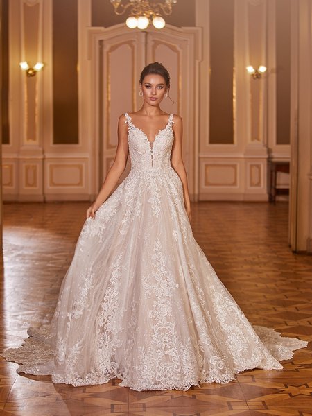 Val Stefani Bridal D8277 Shimmery Deep V-Neck With Illusion Inset Full A-Line Bridal Gown With Scattered Floral Lace 