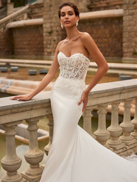 Crepe Off-The-Shoulder Wedding Dress with Lace Appliqués