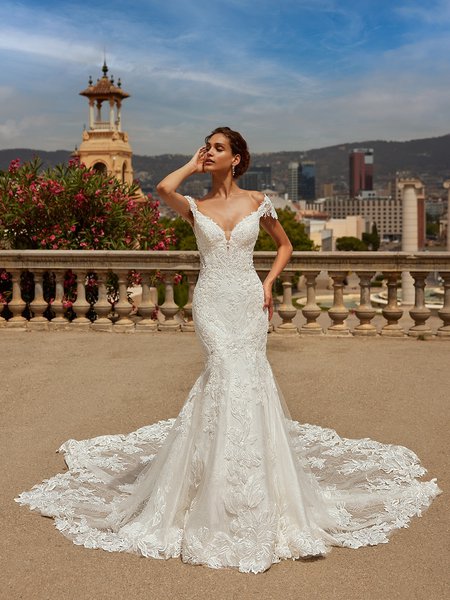 ValStefani ELSA Breathtaking Rosette Glittler Tulle Portrait Neck with Illusion Inset Mermaid Wedding Dress ValStefani ELSA Breathtaking Rosette Glittler Tulle Portrait Neck with Illusion Inset Mermaid Wedding Dress