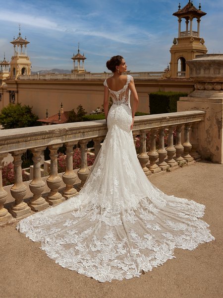 ValStefani ELSA Beaded Lace Appliques Portrain Illusion Back Mermaid with Cathedral Train