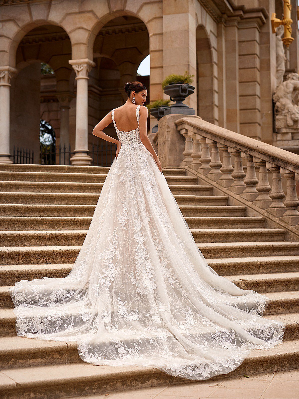 Beaded A-Line Wedding Dress with Square Neckline & Vine Lace