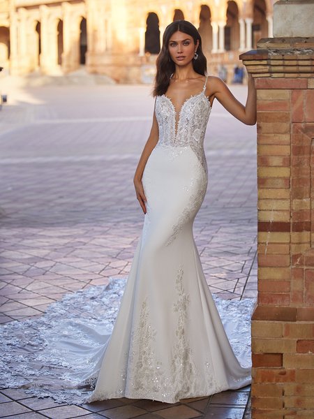 ValStefani CAROLINA Stunning Unlined Sweetheart with Illusion Inset Basque Waist Divina Crepe and Lac Appliques Mermaid Wedding Gown