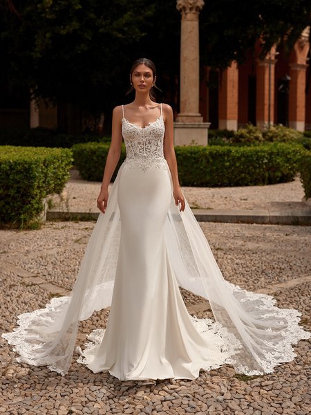 Sweetheart and lace bodice crepe wedding dress with tulle train