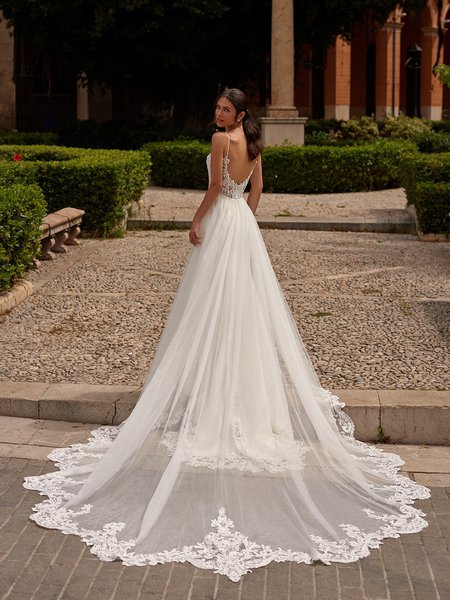 Long cathedral tulle and lace train with scoop back neckline wedding dress