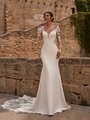 Long illusion sleeve crepe wedding dress with sexy bodice cutouts and sweetheart neckline