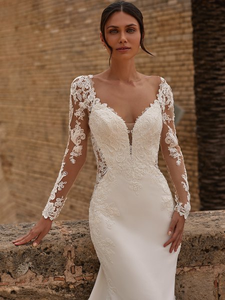 Crepe wedding dress with sweetheart illusion plunge bodice and lace long sleeves